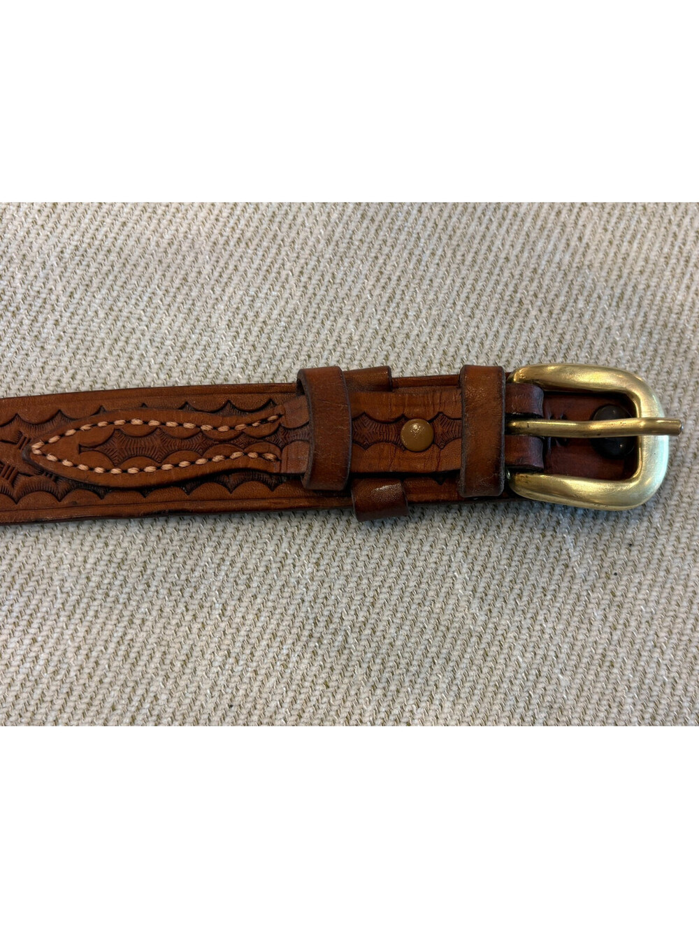 Vintage Eddie Bauer by Bianchi Hand Made Tooled Leather Belt Brass Buckle Sz 32